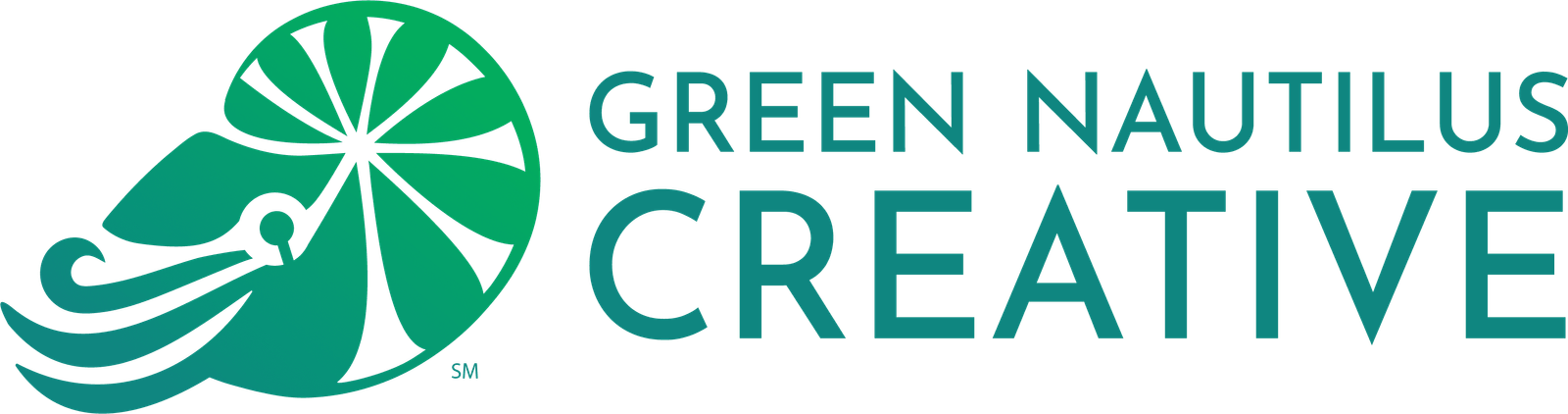 A green logo depicting a nautilus with a shell made of leaf-like structures with the text Green Nautilus Creative